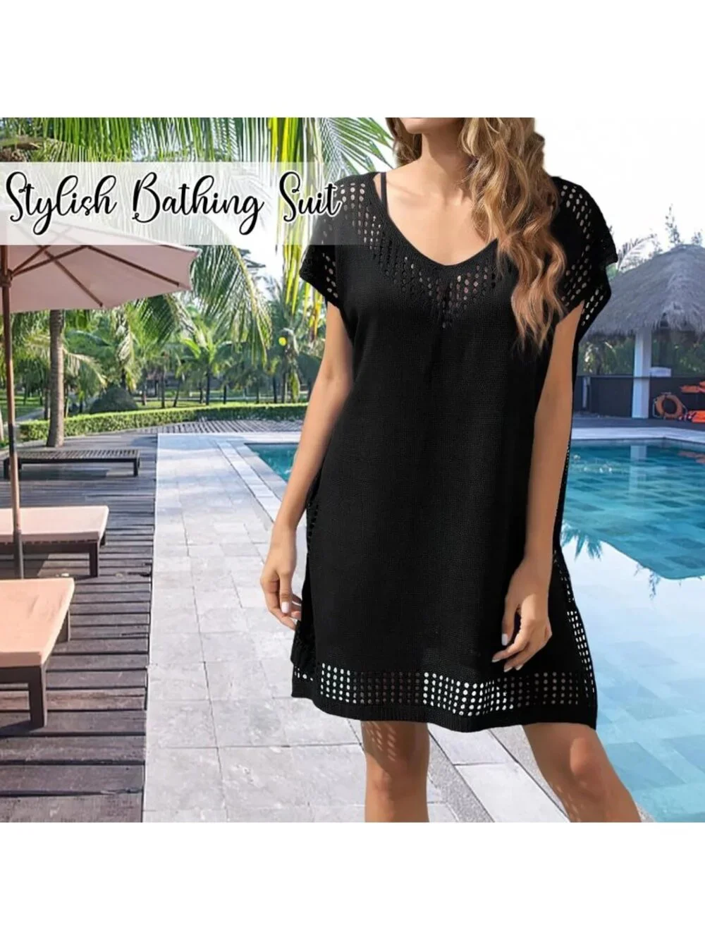 Women's Thin Black One Size Polyester Crochet Summer Swimsuit Coverup Dress
